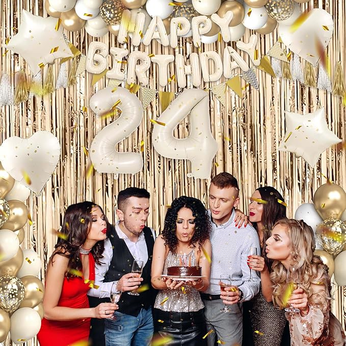 24th Birthday Decorations for Women, White and Gold 24 Boho Birthday