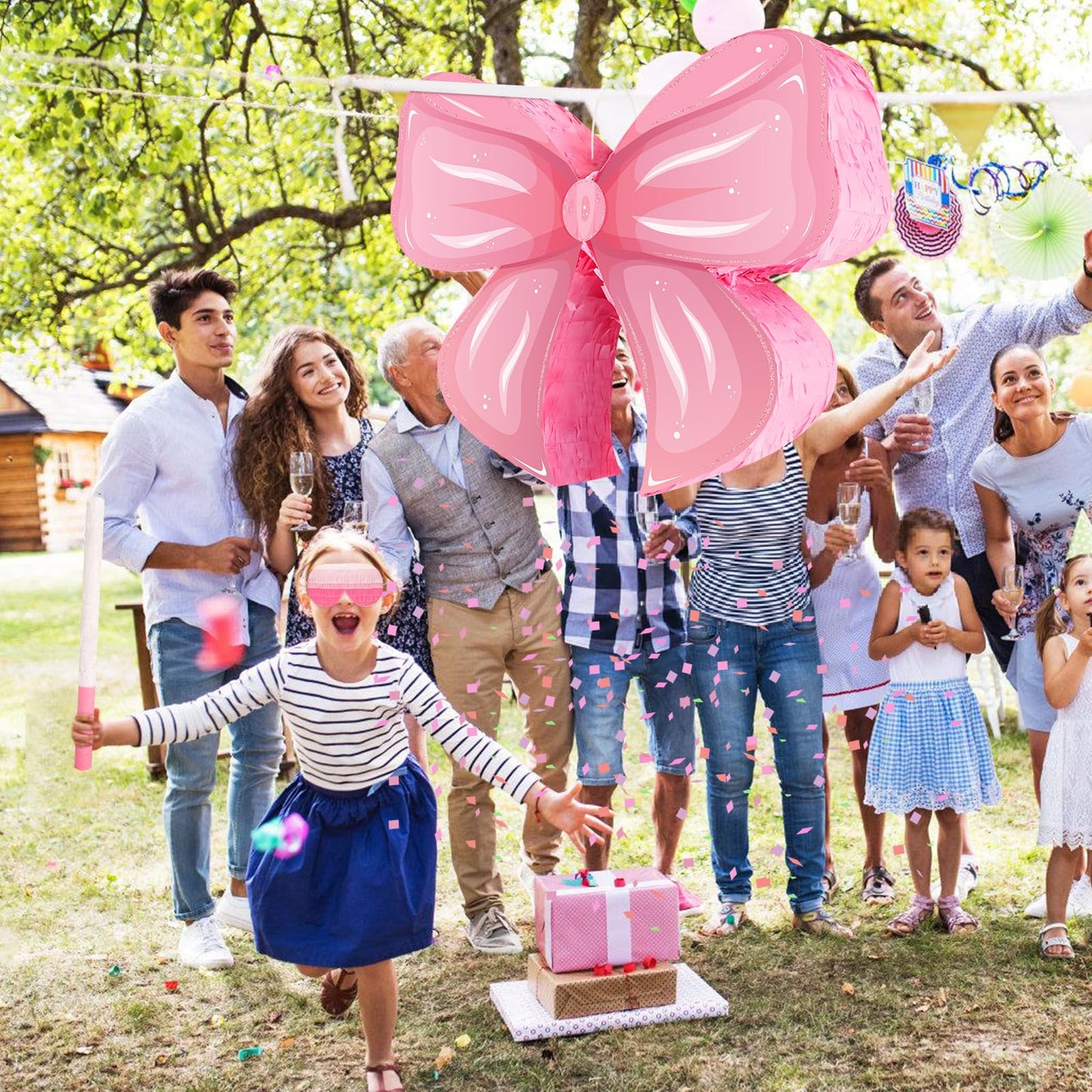 Hooqict Pink Bow Pinata with Blindfold and Bat Stick Pink Girls Pinata