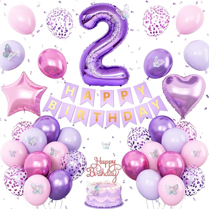 2nd Birthday Decoration for Girls,Pink Purple 2nd Balloon Number 2
