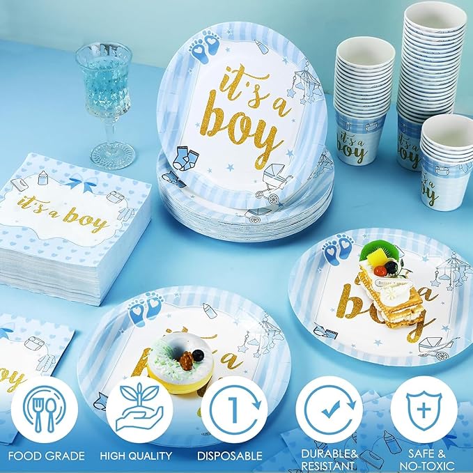 200 Pcs Blue Baby Shower Paper Plates Napkins Cups Boy Baby Shower