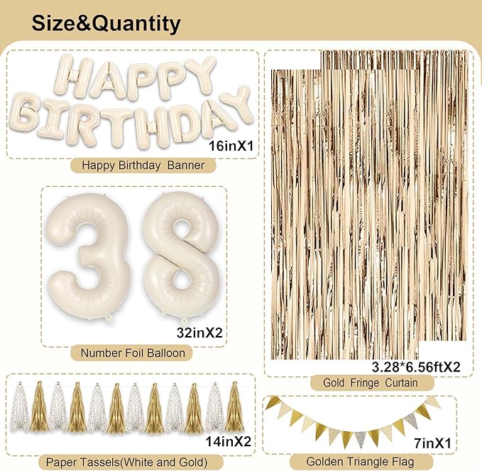 38th Birthday Decorations for Women, White and Gold 38 Boho Birthday