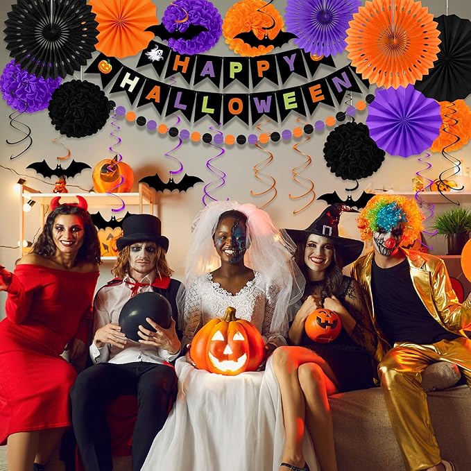 26PCS Halloween Party Decorations Purple Black Orange Paper Fans Set
