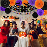 26PCS Halloween Party Decorations Purple Black Orange Paper Fans Set