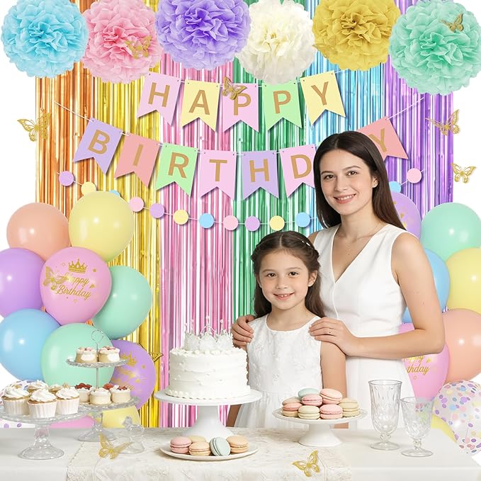 Pastel Birthday Decorations for Women Girls, Rainbow Colorful Printed