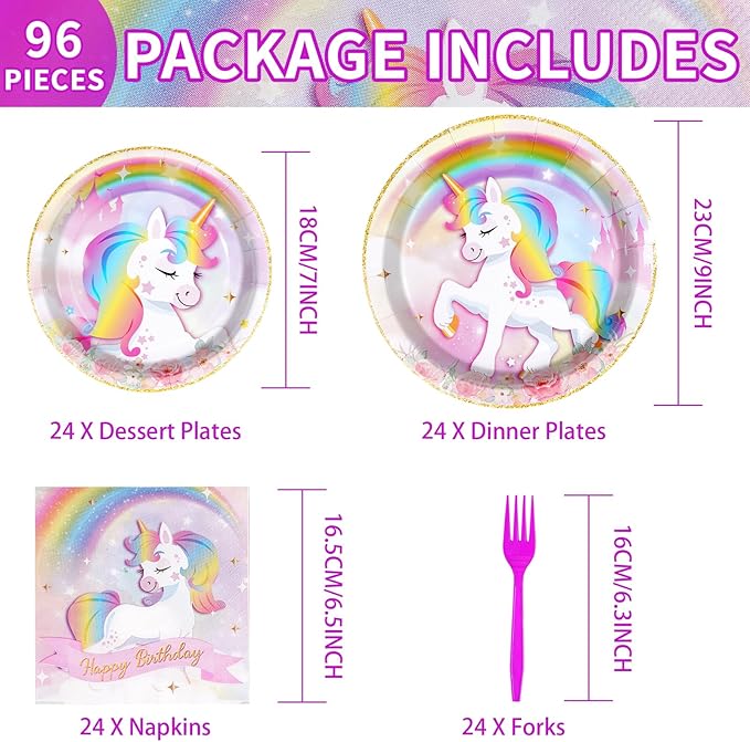96 Pcs Unicorn Birthday Party Decorations 350 GSM Disposable Rainbow