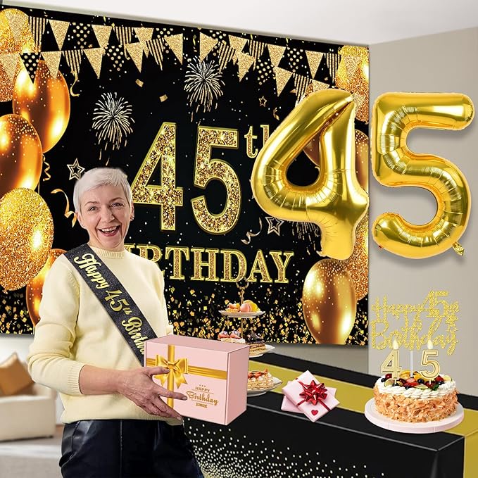 45th Birthday Decorations Men Women with 45th Birthday Banner Black