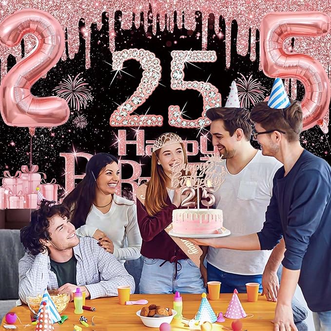 25th Birthday Decorations for Women with Banner Rose Gold Tablecloth