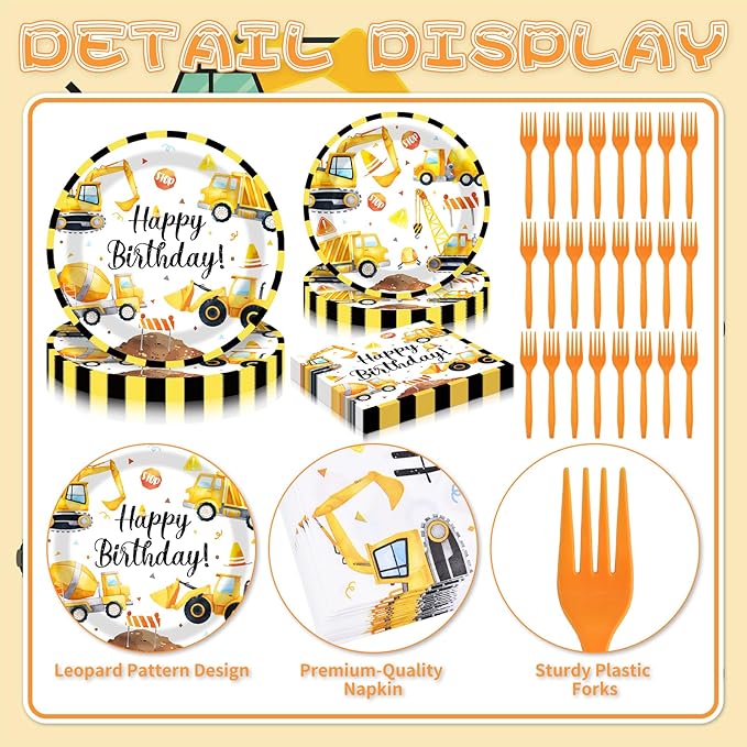 100 Pcs Construction Truck Party Tableware Set Disposable Vehicle