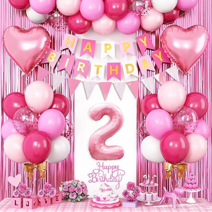 2nd Birthday Decorations for Girls Hot Pink Balloons with Happy