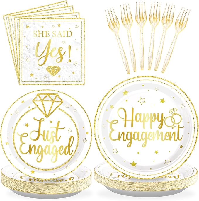 96Pcs Happy Engagement Party Supplies Gold Just Engaged Plates and