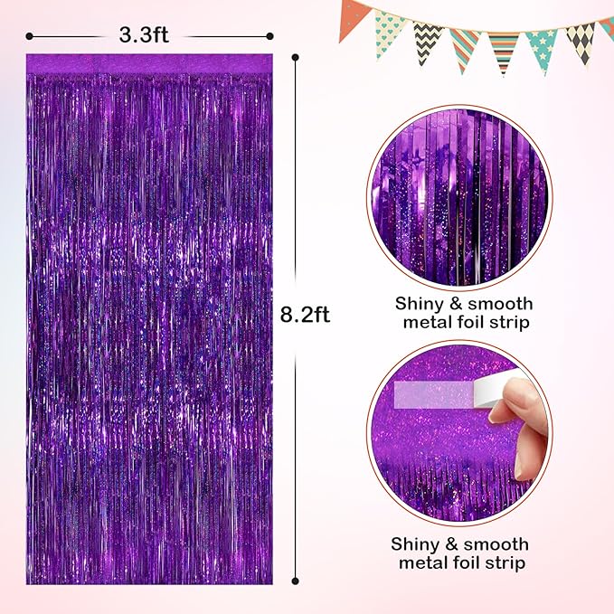 Purple Metallic Tinsel Foil Fringe Curtains, 2 Pack 3.3x8.3 Feet