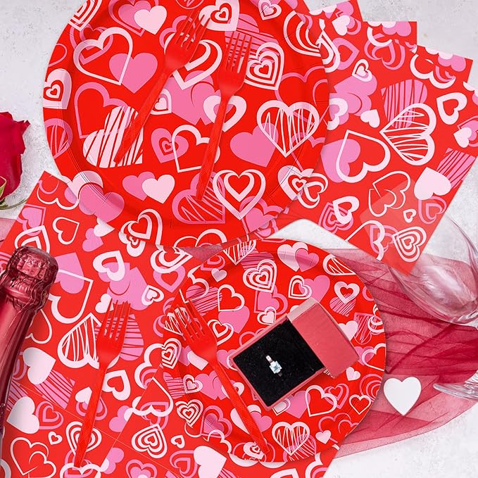 96 Pieces Valentine's Day Tableware Set Red Heart Disposable Plates