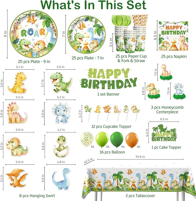 201Pcs Dinosaur Birthday Decorations Tableware Set Serve 25 Dinosaur