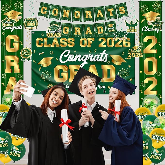 Graduation Decorations 2026 Green and Gold Graduation Party Decor Set