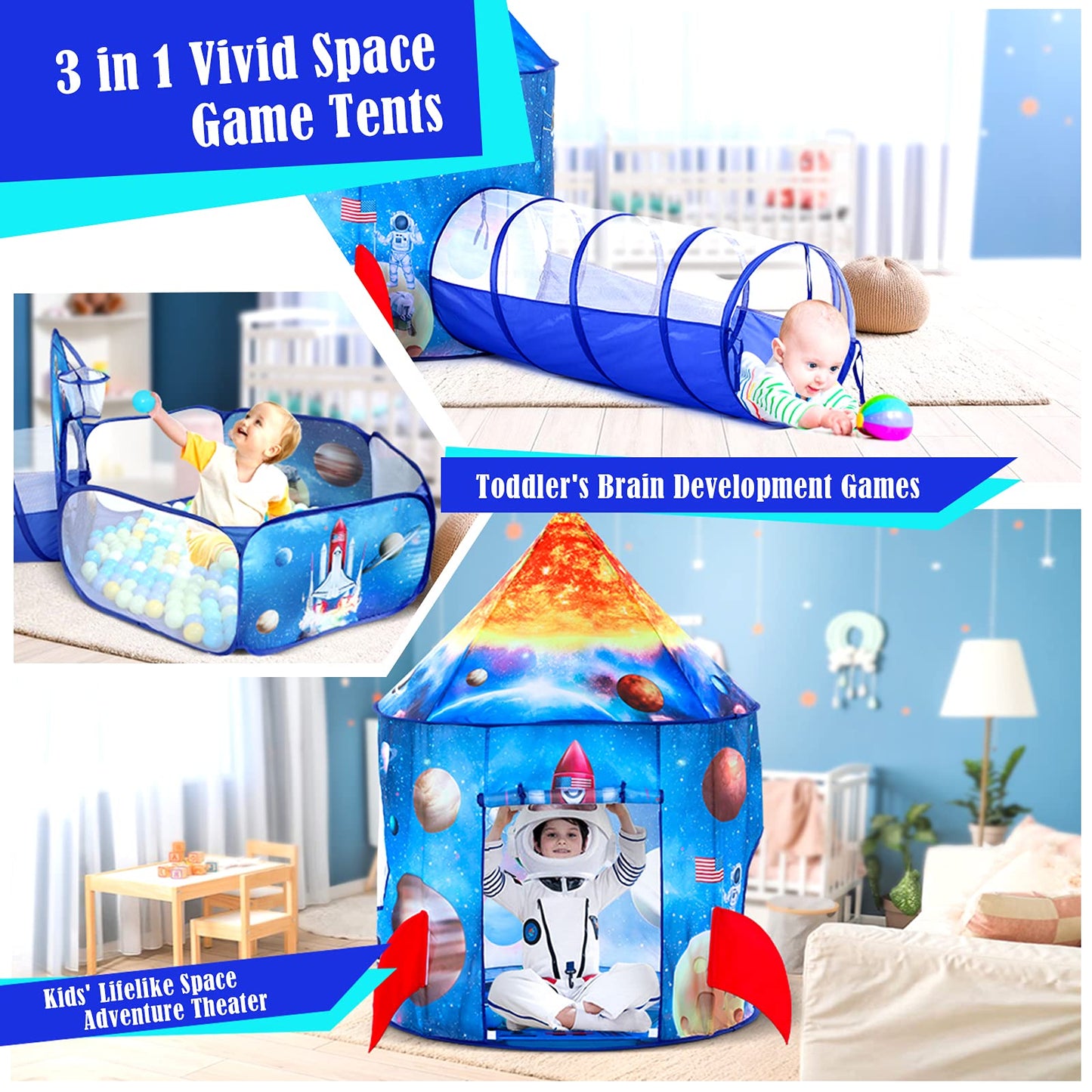 PigPigPen 3pc Kids Play Tent for Boys with Ball Pit, Crawl Tunnel,