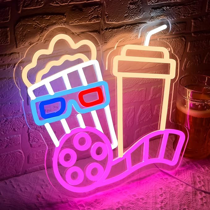 Movie Night With Popcorn Neon Sign for Wall Decor Cinema Led Neon