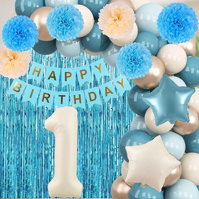 Dusty Blue 1st Birthday Decorations Beige Cream Number 1 Balloon