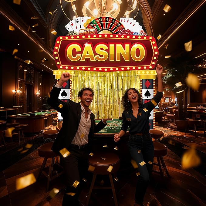 3 Pcs Casino Night Porch Sign Banner with Fringe Backdrop Curtains