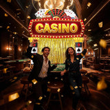 3 Pcs Casino Night Porch Sign Banner with Fringe Backdrop Curtains