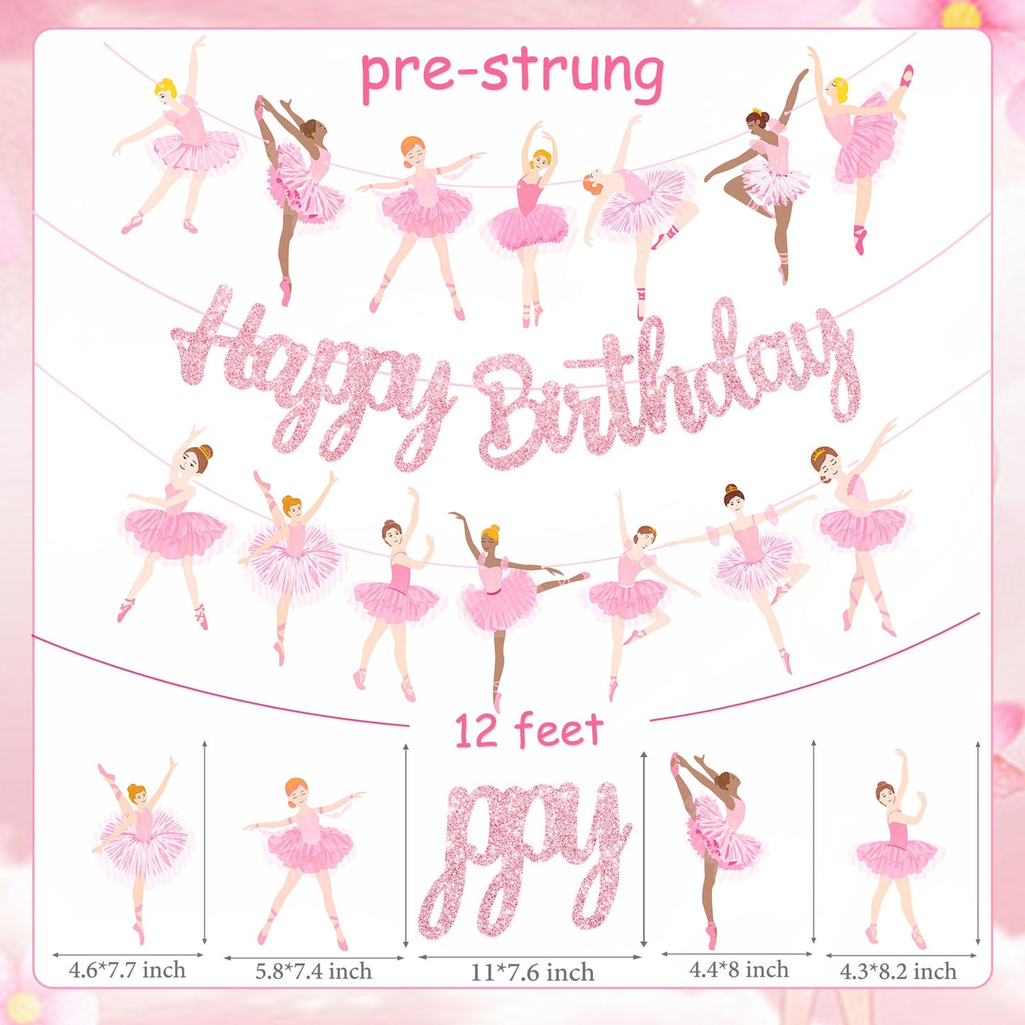 3Pcs Ballet Girls Happy Birthday Banners Glitter Pink Ballerina