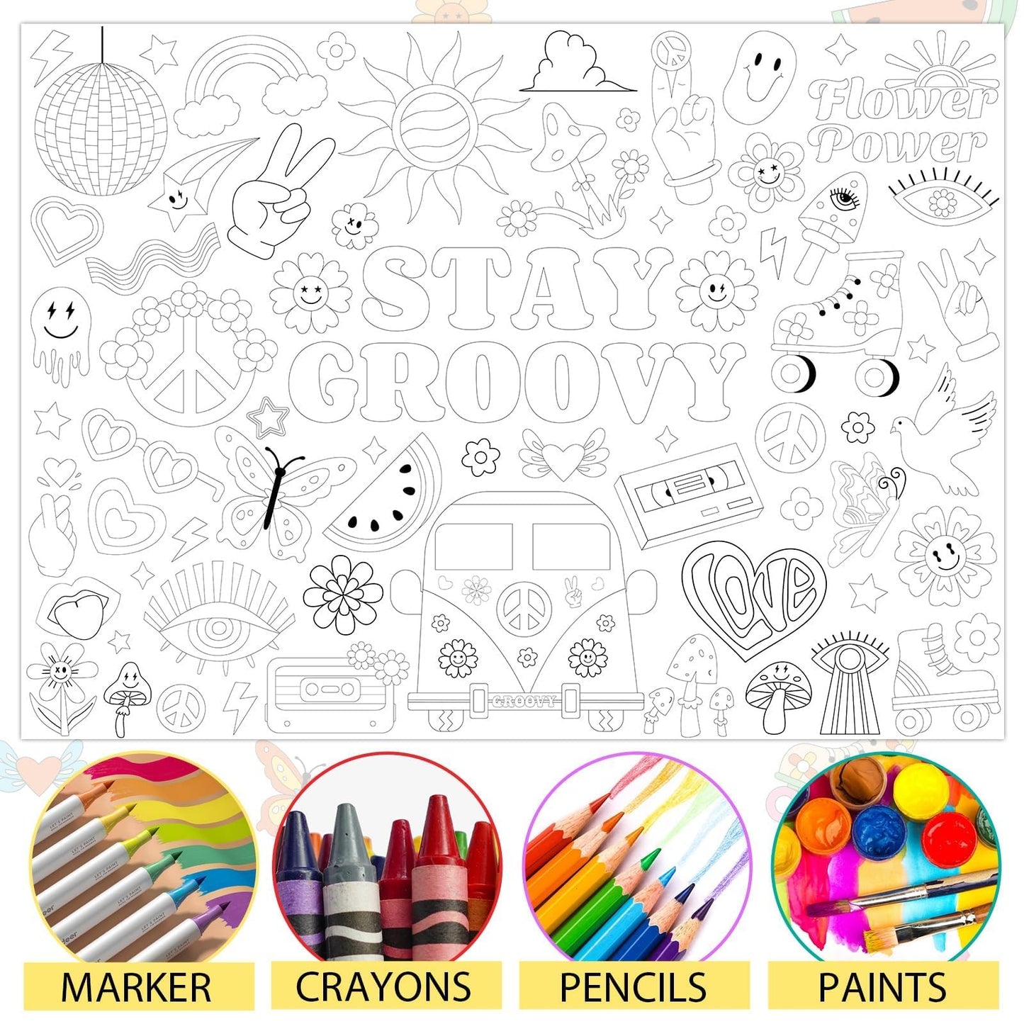 Giant Coloring Poster for Kids Groovy Themed Activity Large Big Boho