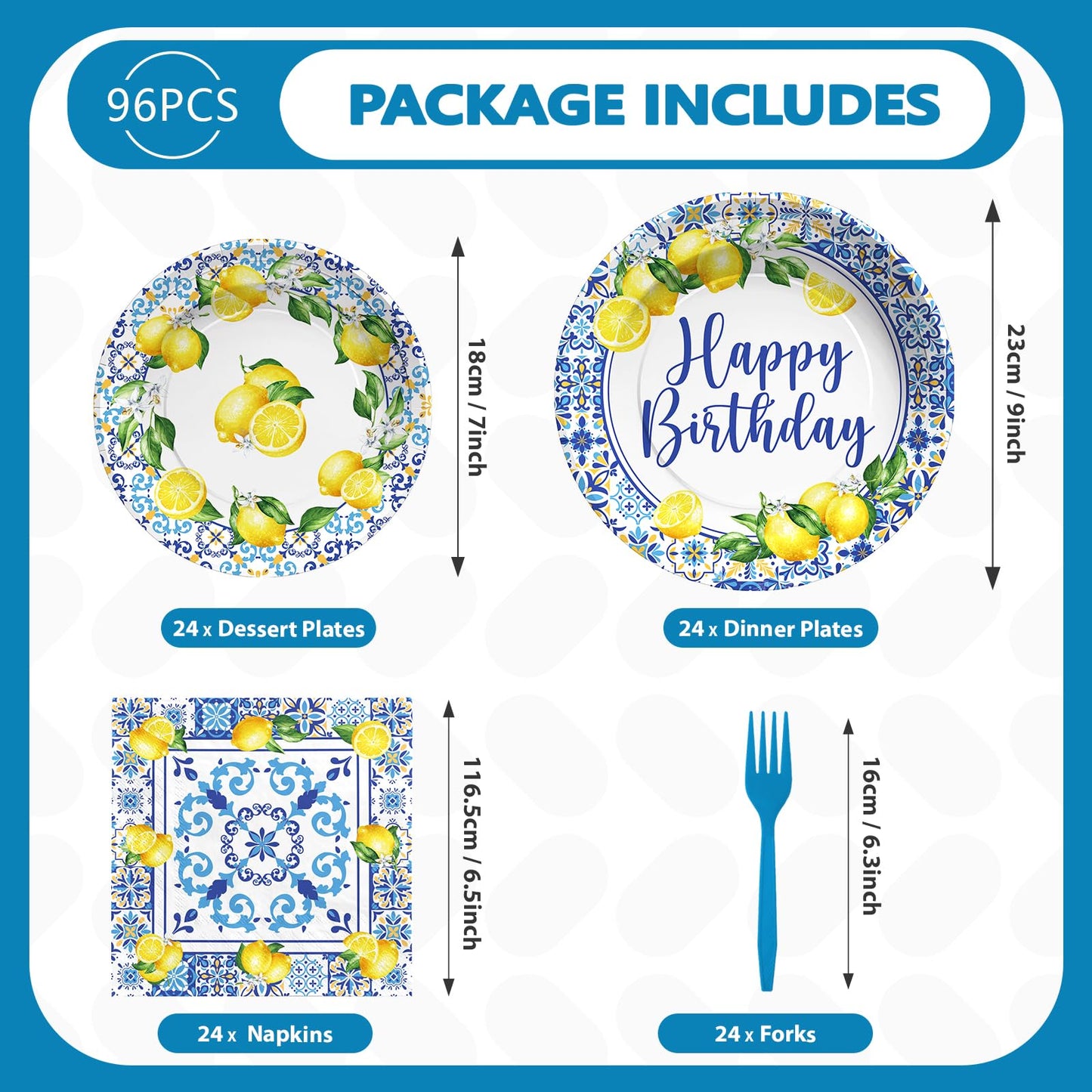 96Pcs Capri Lemon Party Supplies Blue Tiles Yellow Lemon Plates and