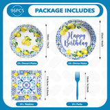 96Pcs Capri Lemon Party Supplies Blue Tiles Yellow Lemon Plates and