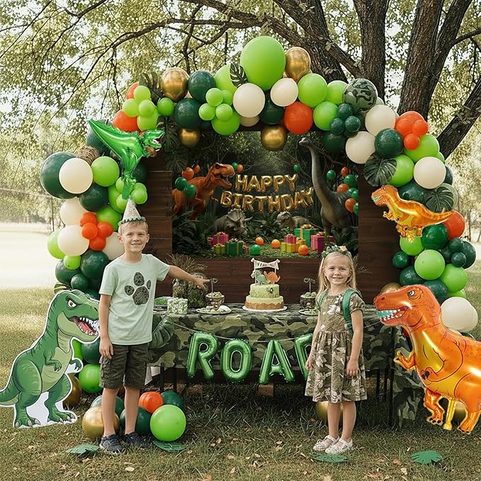 Dinosaur Birthday Decorations include Hunter Green Bunt Orange White