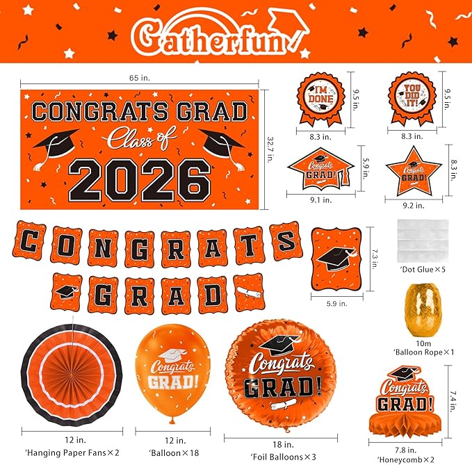 Orange Themed 2026 Graduation Decorations Set - Congrats Grad Banner,