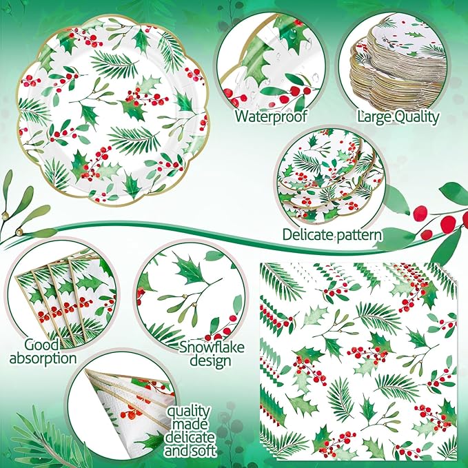 452 Pcs Christmas Party Supplies for 50 Guest Holly Berry Leaves