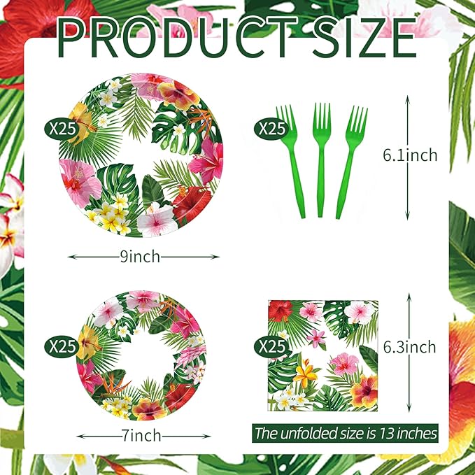 100 Pcs Tropical Luau Party Supplies Set Serves 25 Disposable