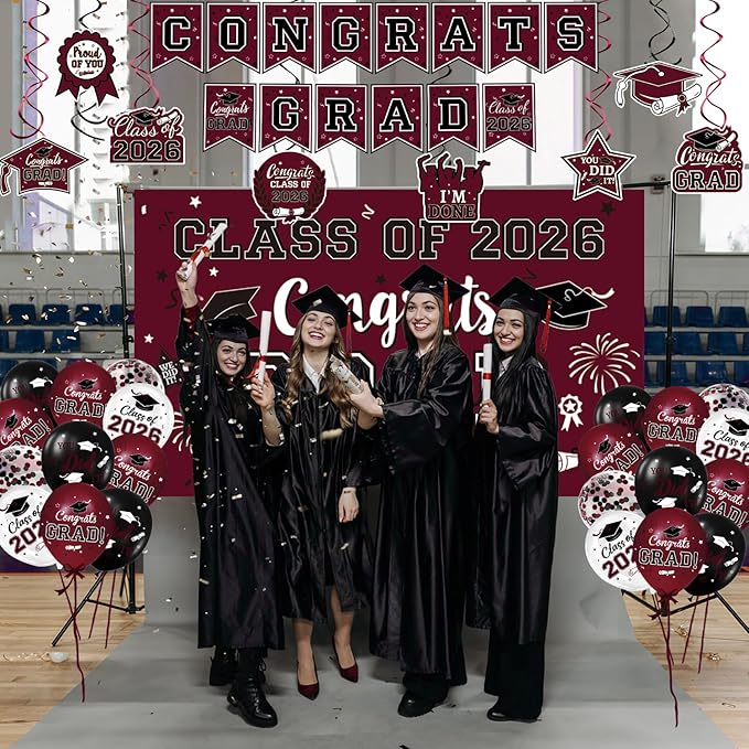 Maroon Themed Graduation Decorations Class of 2026 Congrats Grad