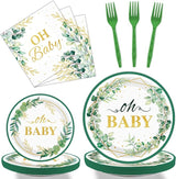 96PCS Sage Greenery Oh Baby Tableware Set Baby Shower Dinnerware