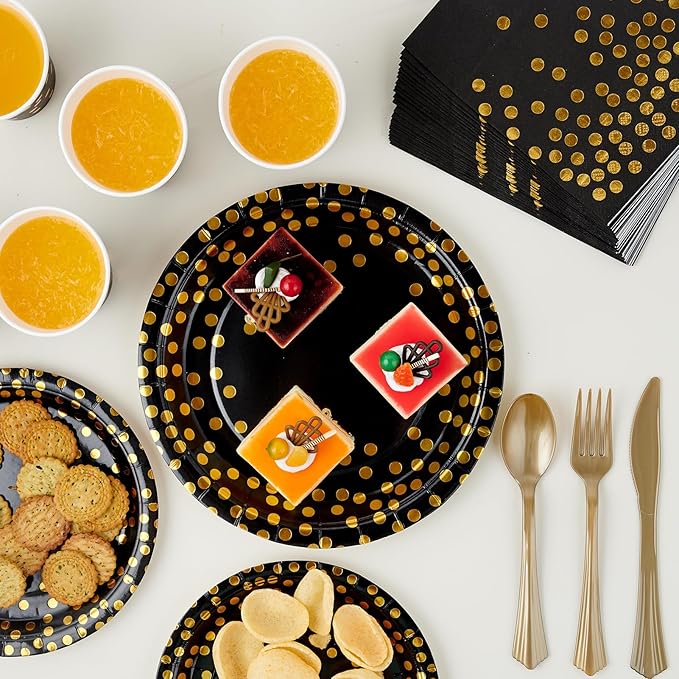 Black and Gold Party Supplies - 350 PCS Disposable Dinnerware Set -