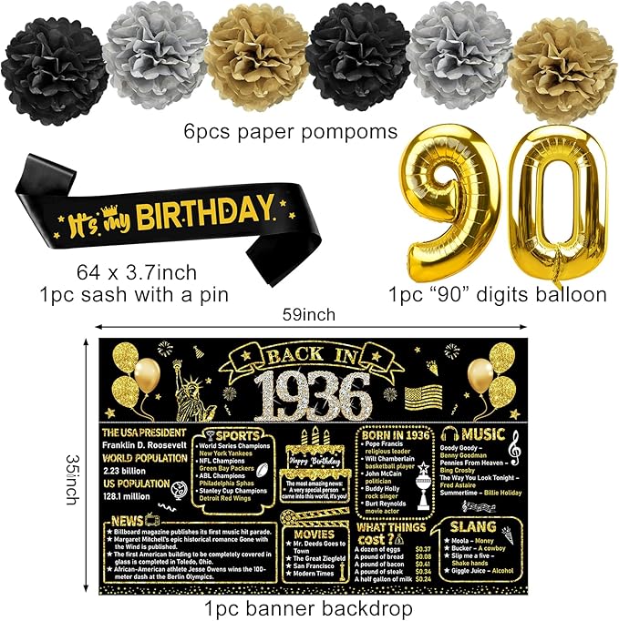 90th Birthday Decorations for Men Women 21pcs the Year 1936 Banner