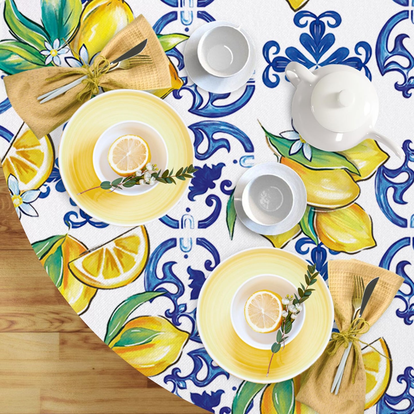 Livcoz Blue Lemon Italy Tile Pattern Round Tablecloth 70 x 70 Inches,