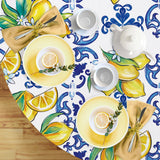 Livcoz Blue Lemon Italy Tile Pattern Round Tablecloth 60 x 60 Inches,