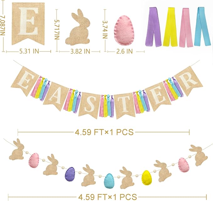 Easter Party Decorations Burlap Rabbit Bunny 3D Felt Egg with Wood