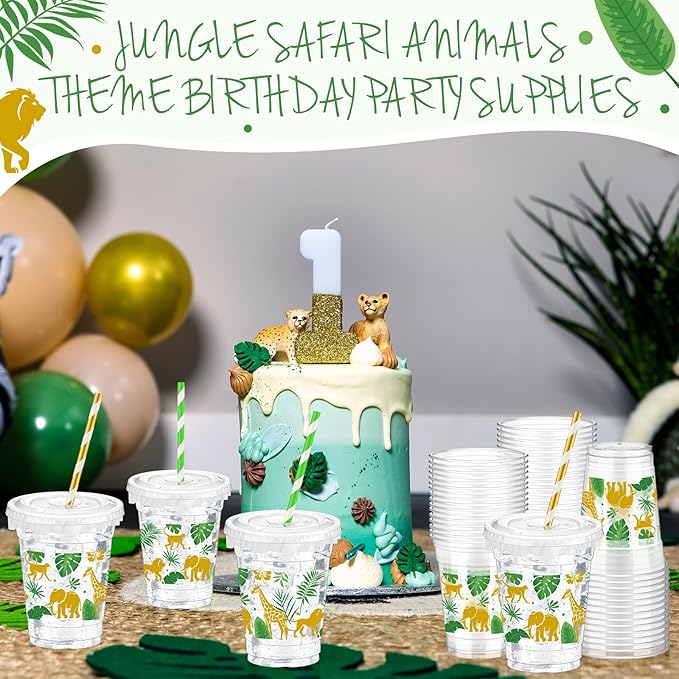 50 Pcs Jungle Safari Animals Cups Disposable Plastic Cup 12 oz