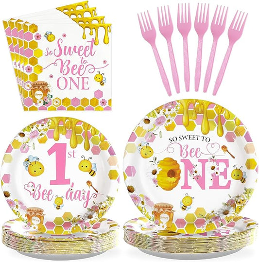 96Pcs Pink Bee 1st Birthday Party Supplies Honey First Bee Girls
