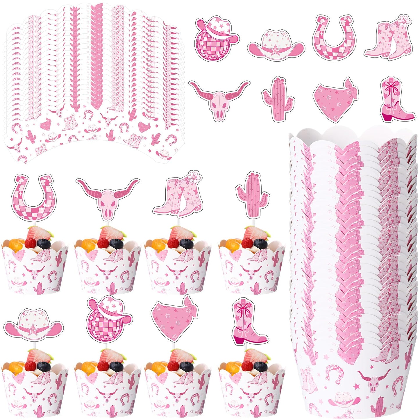 Widecook 96 Pcs Cowgirl Cupcake Toppers and Wrappers Western Cowgirl
