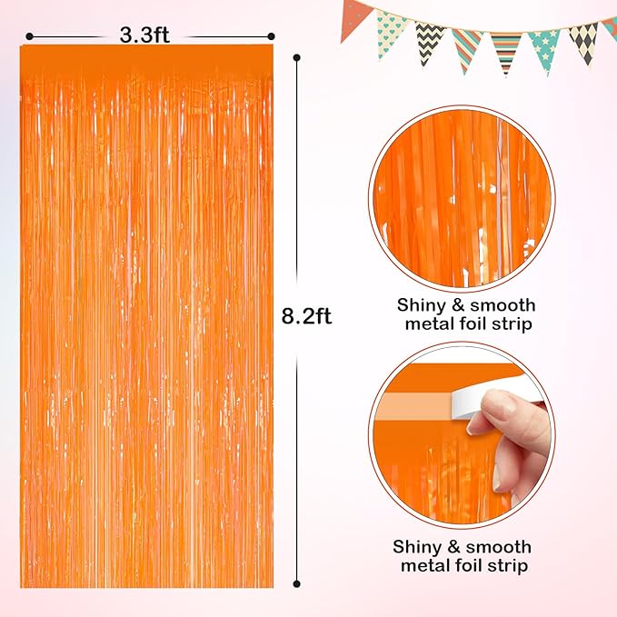 Orange Metallic Tinsel Foil Fringe Curtains, 2 Pack 3.3x8.3 Feet