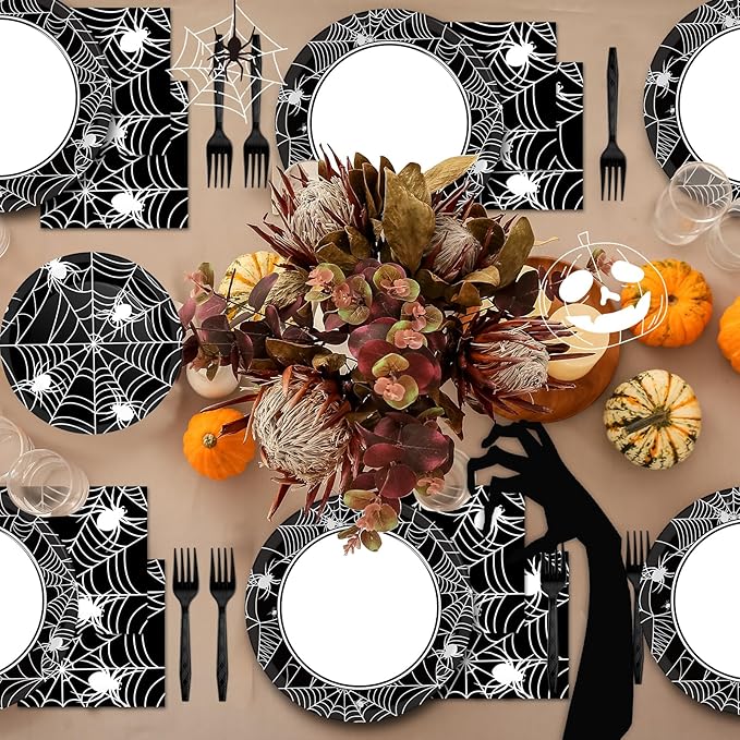 50 Guests Halloween Spider Web Plates and Napkins Party Supplies