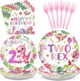 96 Pcs Pink Dinosaur Birthday Decorations for 2nd Girls Two Rex Girl