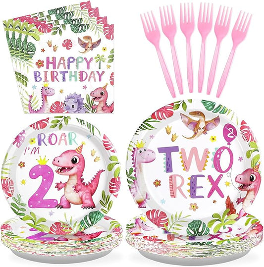 96 Pcs Pink Dinosaur Birthday Decorations for 2nd Girls Two Rex Girl