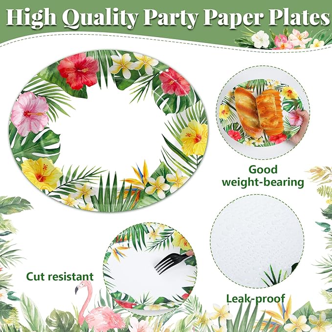 50Pcs Hawaiian Luau Oval Plates Aloha Floral Disposable Plates 11 x