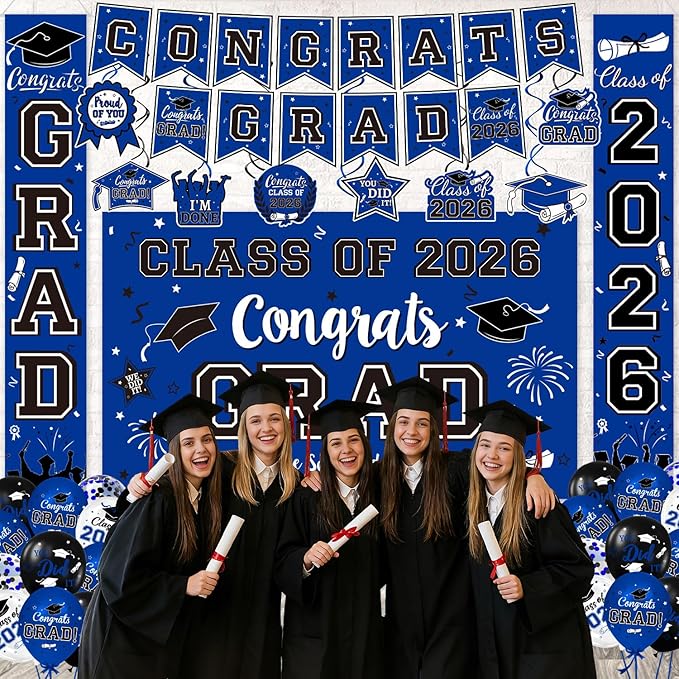 2026 Graduation Decorations, Blue and Black Graduation Decorations