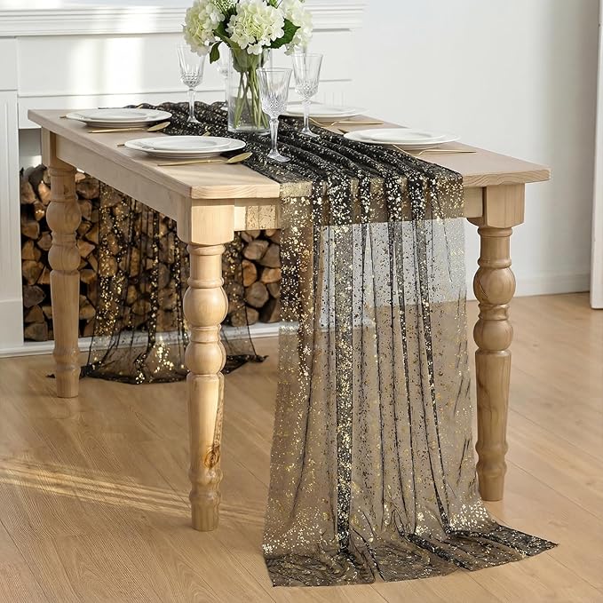 Artoid Mode Black Gold Gauze Table Runner 59x120 Inch 10FT, Glitter