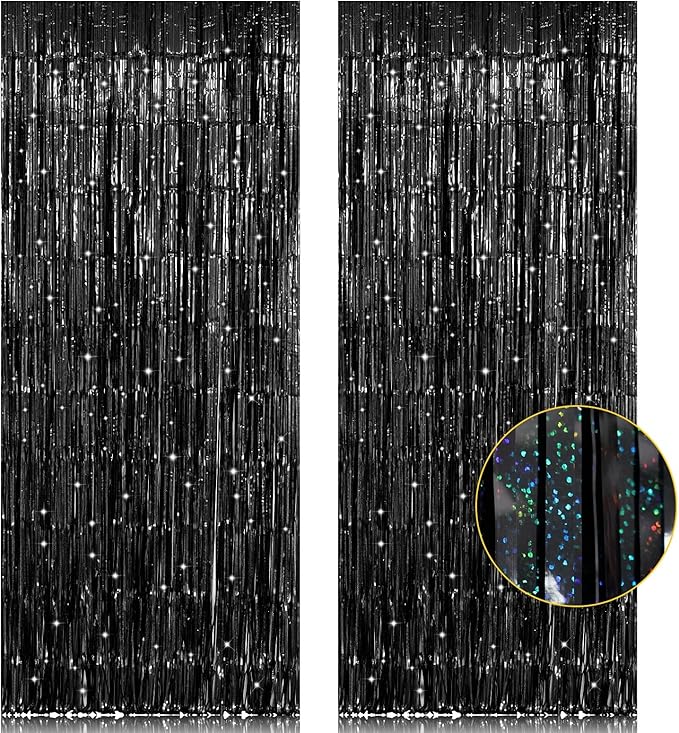 2 Pack 3.2ft x 8.2ft Black Tinsel Foil Fringe Curtain, Sparkle