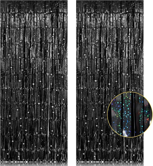 2 Pack 3.2ft x 8.2ft Black Tinsel Foil Fringe Curtain, Sparkle